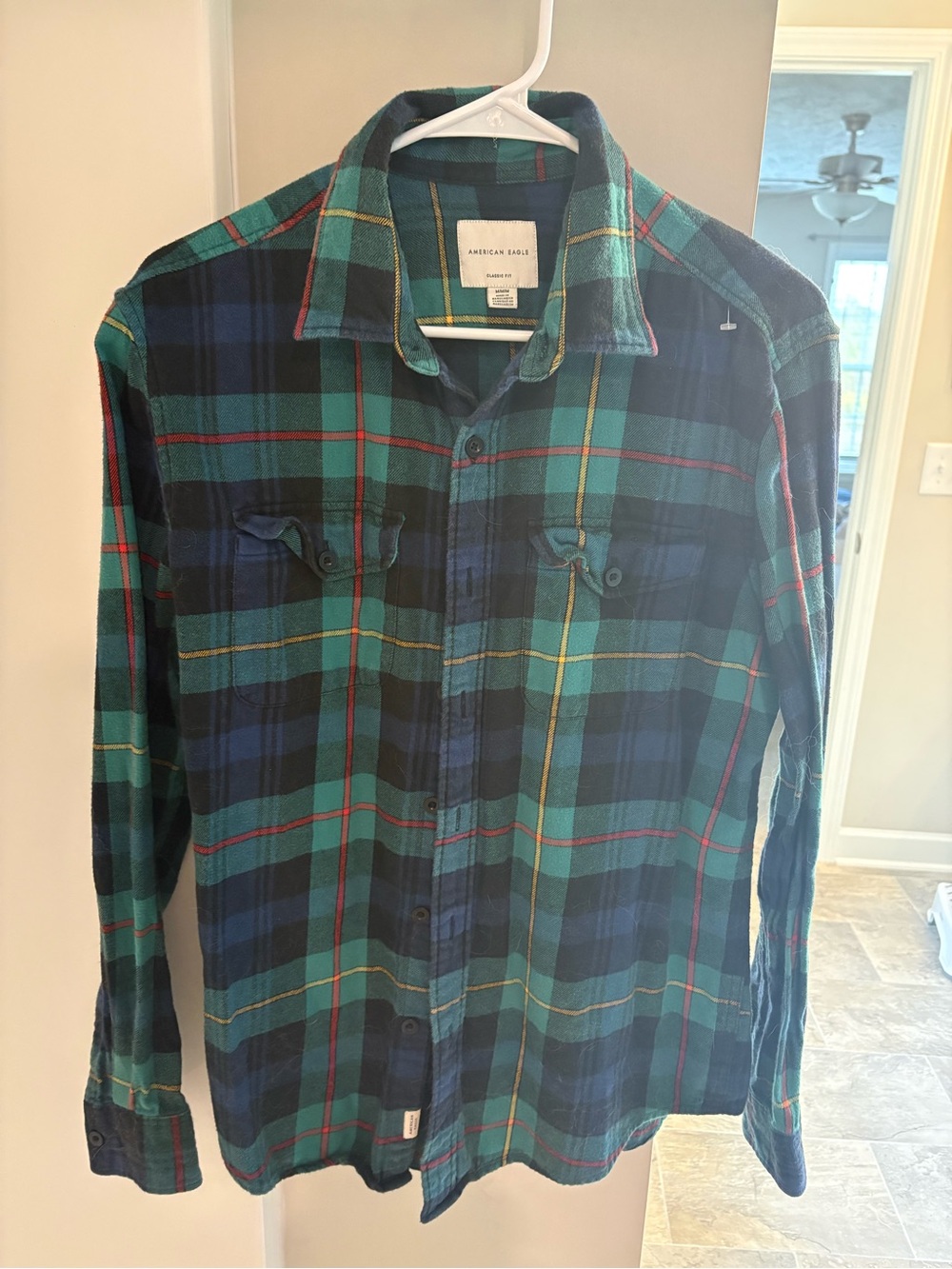 American Eagle Outfitters Blue & Green Plaid Long-Sleeve Shirt - Men